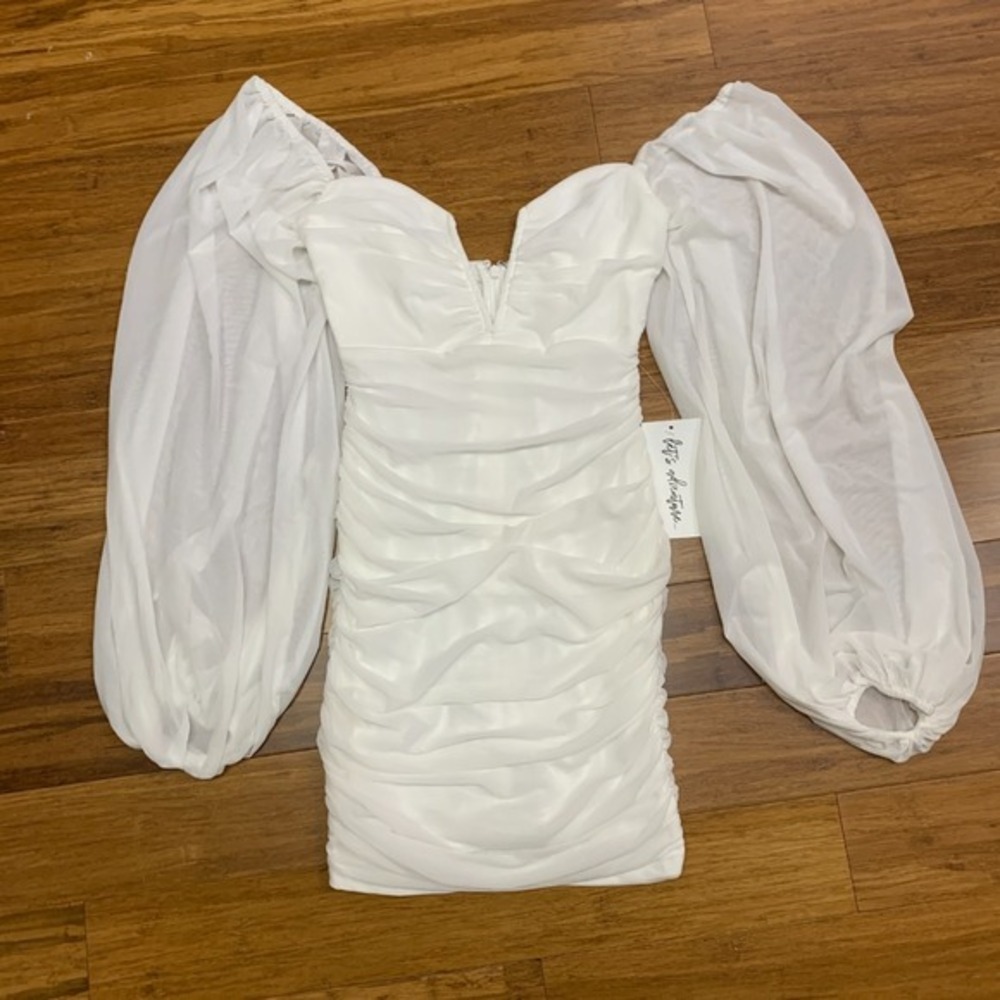 12th Tribe Alessandra White Mini Dress Women XS Ruch Bodycon Long Balloon Sleeve